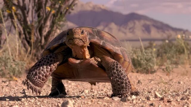 Desert tortoise walking slowly across the arid sandy landscape with mountains in the background