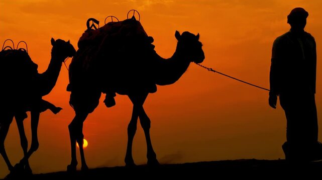 Silhouette of a man leading a camel caravan across a desert landscape during a vibrant sunset