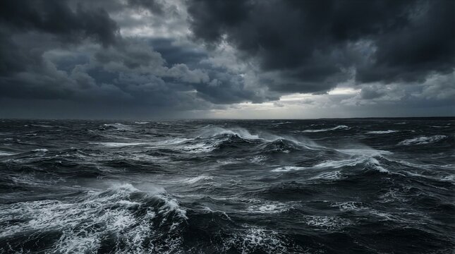 Dark storm clouds loom over churning ocean waves. Wind howls, sea surges, and foam crashes endlessly. Sky threatens with rain, sea resists with power and rage