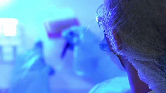 Masked lab technician in hair net handles steel forceps beside a pipette tip rack in a blue-lit biosafety cabinet, over-the-shoulder close-up of aseptic sample prep