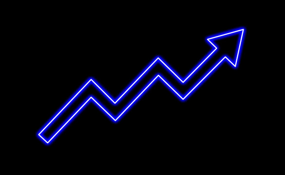 Bright blue neon zigzag growth arrow on black background