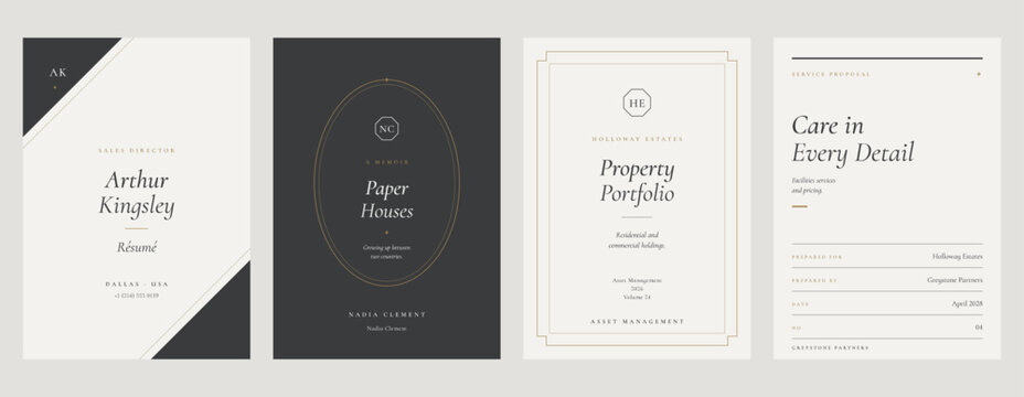 Timeless graphite and gold cover layouts for corporate report, book, proposal and letter