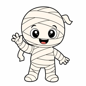 Cute Halloween mummy mascot character wrapped in bandages, smiling and waving with a playful cartoon vector design
