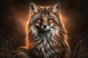Obraz premium Majestic red fox portrait in warm golden hour light with dark background