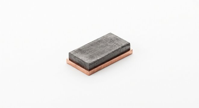 High-speed rail pantograph carbon contact strip with copper backing. Pure carbon composite electrical power collection hardware for railway infrastructure. Macro photography isolated on white backgrou