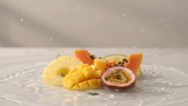 Fresh tropical fruit splash in water, healthy exotic food ingredients, vibrant colors