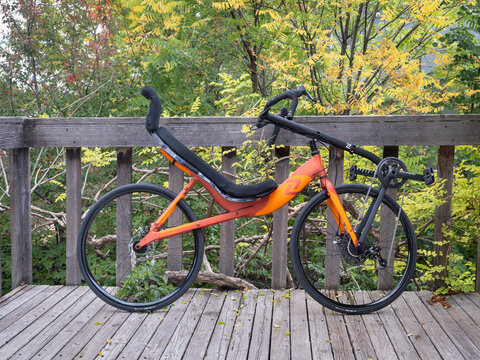 Fort Collins, CO, USA - September 26, 2026: Cruzbike S40 road endurance recumbent bike in a backyard.