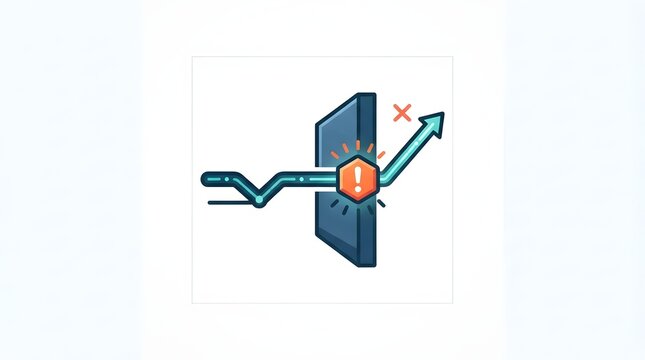 Business growth graph blocked by warning obstacle, failed upward trend vector icon illustration