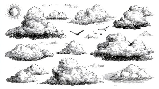A set of doodle cloud icons in different shapes