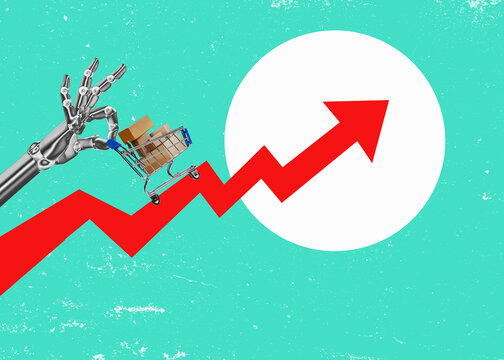 White robot hand &ndash; a cyber bot holding a shopping cart with its fingers. Isolated on a plain, flat-design background. Commerce trend chart.