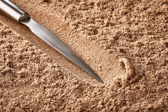 Chocolate powder texture with cosmetic spatula flat lay closeup mood