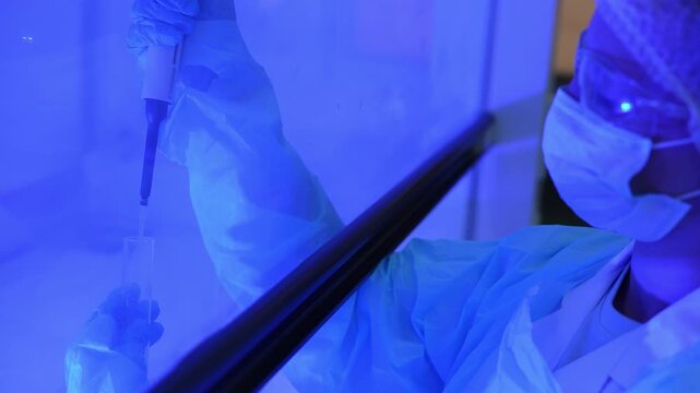 Researcher in face mask and goggles finishes pipetting into a test tube, then lowers her hands and glances aside at a blue-lit biosafety cabinet, masked close-up shot