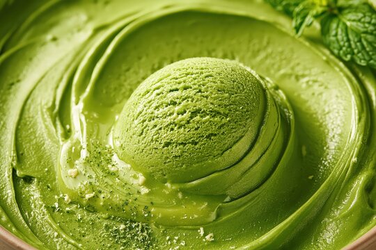 Matcha green tea ice cream scoop macro shot with creamy texture