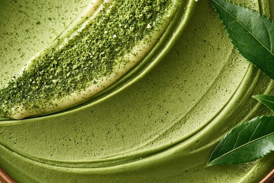 Green cosmetic clay mask texture with powder and natural leaves closeup