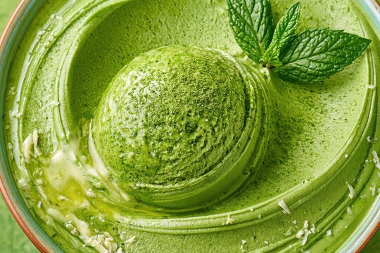 Matcha green tea ice cream scoop in smooth creamy bowl with mint leaf