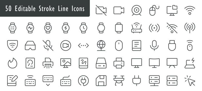 Minimalist 50 Editable Stroke Line Icons Set, Technology and Hardware Vector Outline Symbols, Modern Smart Devices and UI Web App Icons Collection