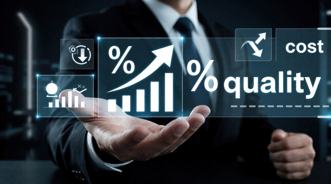 Businessman holds glowing digital interface with financial charts, icons. Virtual screen shows rising profit arrow, decreasing cost metric, quality indicator. Corporate leader uses tech for data