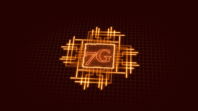 Glowing 7G network symbol with interconnected lines on grid background technology communication