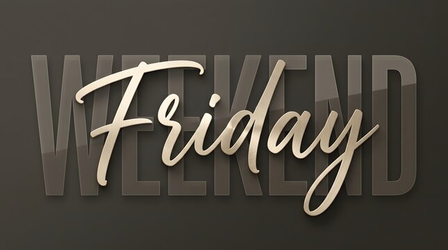 Friday weekend typography with elegant cursive lettering and shadowed block letters on a dark background