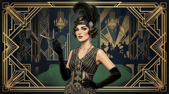 Elegant woman in 1920s flapper attire commands attention. Gilded Art Deco background hints at luxury nightlife. She holds a cigarette with confident, poised expression