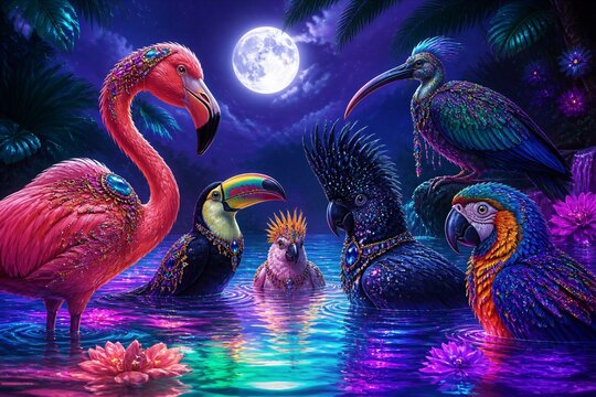 Flamingo and exotic parrots swimming together in moonlit lagoon