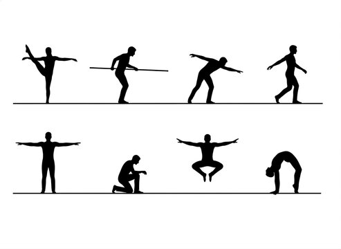 Gymnasts and acrobat poses set black silhouette vector illustration isolated on white background