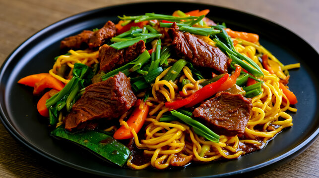 A plate of beef and vegetable stir fry