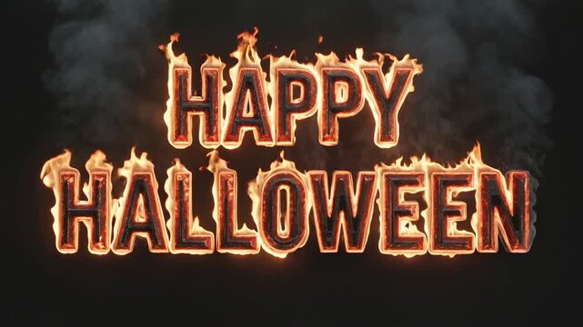 Happy Halloween text with bright orange flames and black smoke against dark background lock down