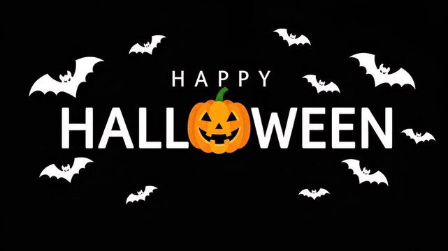 Orange jack-o-lantern pumpkin with flying white bats for Happy Halloween text, lock down