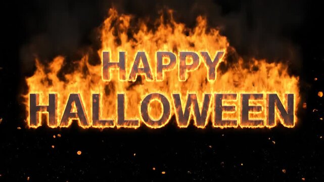 Happy Halloween text with orange flames and burning embers on black background