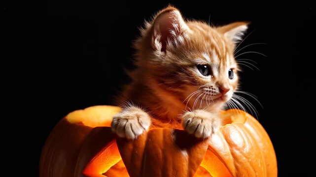 Orange tabby kitten sitting inside a glowing orange carved pumpkin jack-o'-lantern, close up