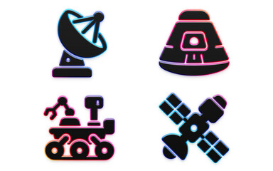 3D space exploration and aerospace astronomy icon set featuring satellite dish lunar lander capsule mars rover and orbital satellite © ABBOT