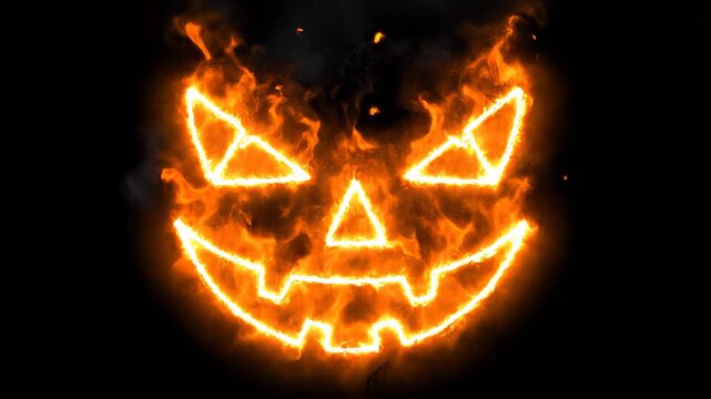 Jack-o'-lantern face made of orange fire flames on black background, loop video technique