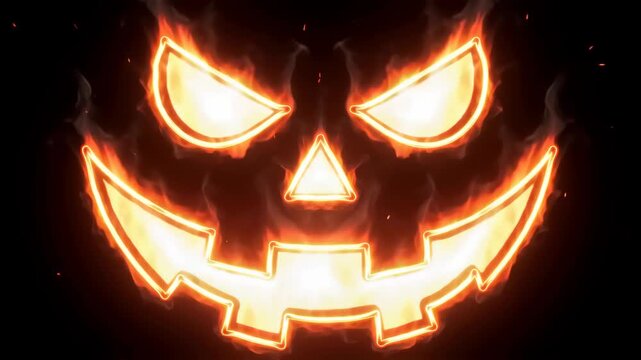 Orange fire Jack-o-lantern glowing face on black background, lock down