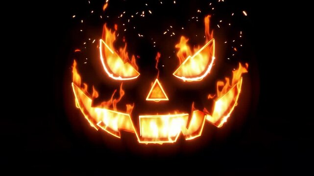 Jack o lantern pumpkin with glowing orange fire flames against black background, lock down