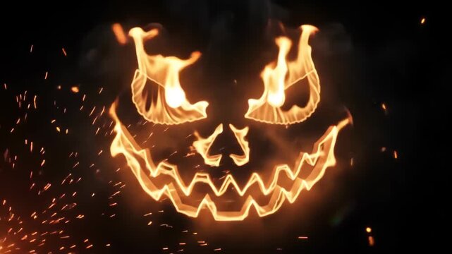 Flaming pumpkin jack-o'-lantern face against black background with floating sparks, close up