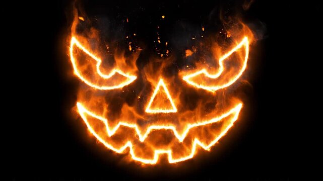 Burning pumpkin face on black background, Halloween fire jack-o'-lantern, lock down