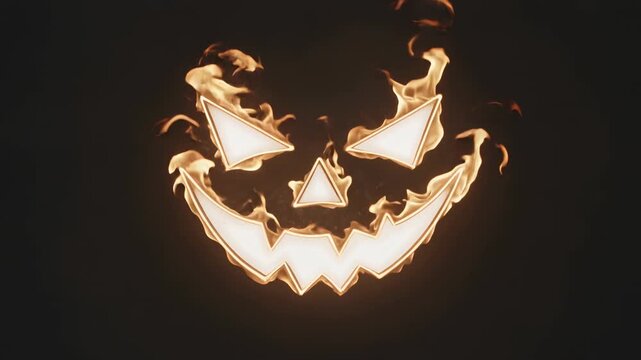 Jack-o-lantern face with glowing orange fire flames on black background, real time motion