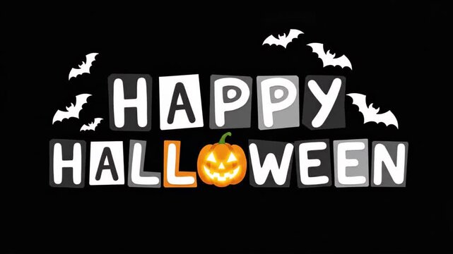 Happy Halloween text animation with orange glowing pumpkin and white bats on black background