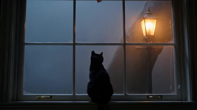 Black cat sitting on windowsill watching mysterious shadow outside window at night, eye level