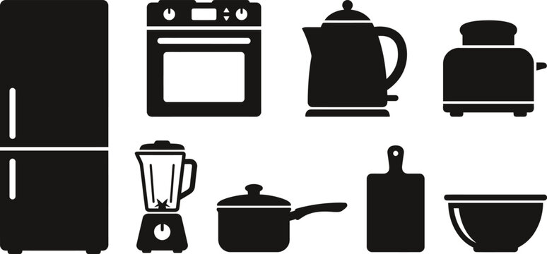 Black silhouette icons representing common kitchen appliances including a refrigerator oven kettle and toaster