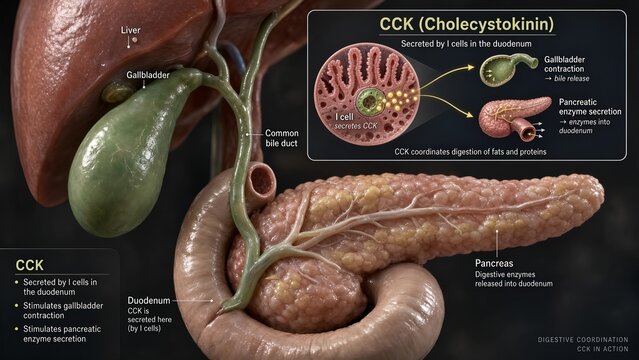 Detailed medical rendering of a gallbladder and pancreas model highlighting a zoomed inset where cck hormone secreted by i cells in the duodenum stimulates gallbladder contraction and enzymes