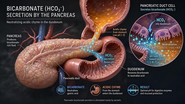 Medical 3d illustration of a pancreas model with a detailed zoomed inset showing the secretion of bicarbonate hco3- into the duodenum to neutralize acidic chyme coming from the stomach