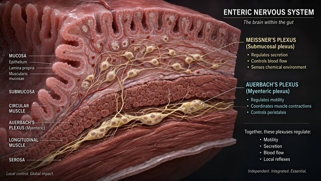 Anatomical cross-section model of the gut wall displaying the enteric nervous system with meissners submucosal plexus and auerbachs myenteric plexus which regulate gastrointestinal motility