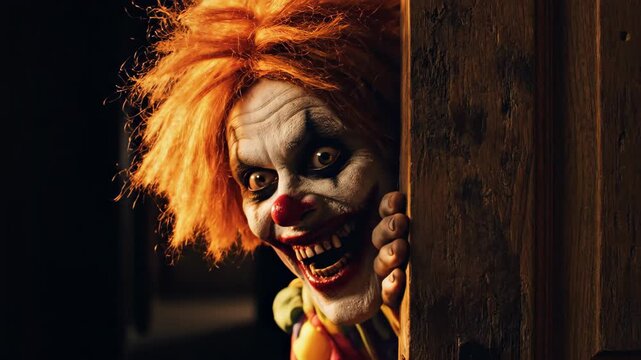 Creepy clown with bright orange hair peeking from behind a wooden door, close up, interior