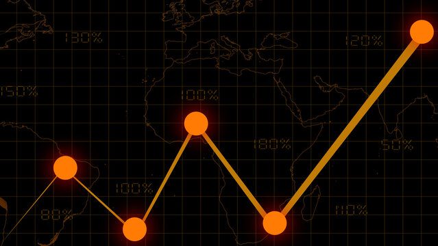 Orange Line Graph with Percentage Markers and World Map Overlay chart glowing