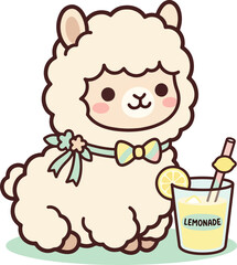 Fototapeta premium Cute kawaii fluffy alpaca sitting next to a glass of cold lemonade sticker illustration with kawaii llama summer drink character vector cute animal bow tie lemon slice cute mammal