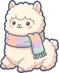 Fototapeta premium Cute kawaii fluffy alpaca wearing pastel rainbow knitted winter scarf sticker illustration with kawaii llama cute animal cozy alpaca llama clipart adorable alpaca cartoon alpaca