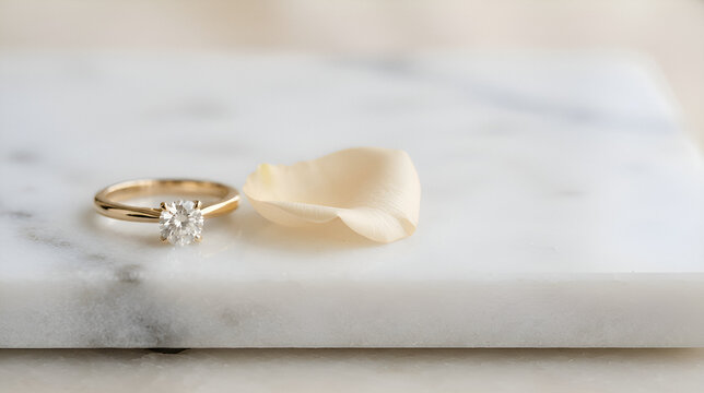 Gold engagement ring with diamond on marble surface