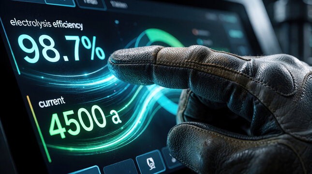 Technician finger touches digital HMI screen in smart factory. Worker monitors hydrogen electrolysis efficiency, power consumption on industrial UI. Close up of gloved hand managing green energy